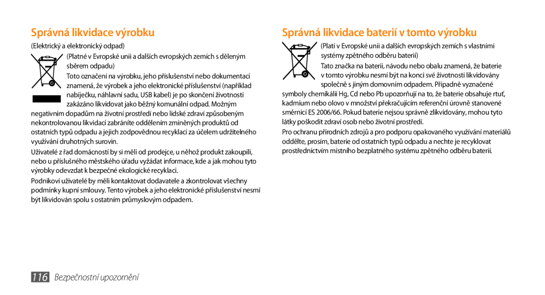 Samsung GT-S5250PWFIRD, GT-S5250PWAIRD, GT-S5250HKAXEZ, GT-S5250PWAXEZ, GT-S5250PWFXEZ manual Správná likvidace výrobku 