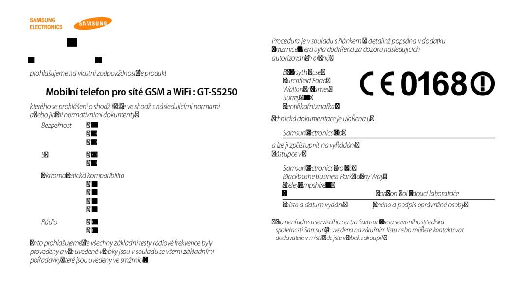 Samsung GT-S5250PWFIRD, GT-S5250PWAIRD manual Prohlášení o shodě R&TTE, Mobilní telefon pro sítě GSM a WiFi GT-S5250 