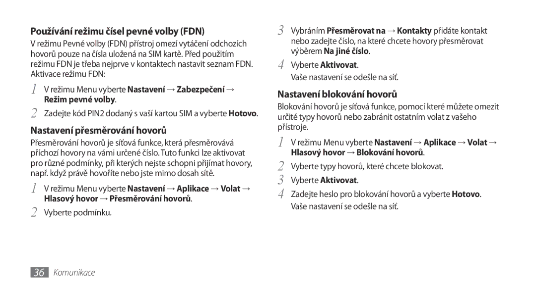 Samsung GT-S5250HKAXEZ Používání režimu čísel pevné volby FDN, Nastavení přesměrování hovorů, Nastavení blokování hovorů 