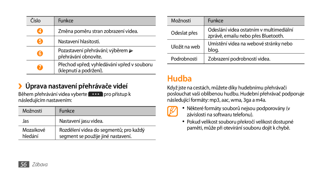 Samsung GT-S5250PWAIRD, GT-S5250HKAXEZ, GT-S5250PWAXEZ, GT-S5250PWFXEZ Hudba, ››Úprava nastavení přehrávače videí, 56 Zábava 