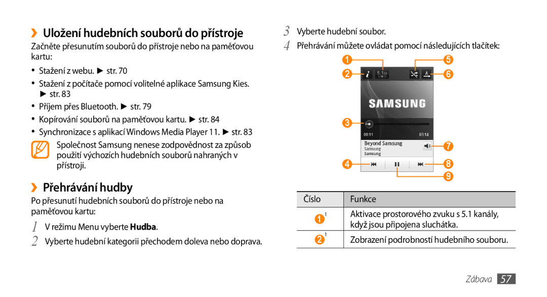 Samsung GT-S5250HKAXEZ, GT-S5250PWAIRD, GT-S5250PWAXEZ manual ››Uložení hudebních souborů do přístroje, ››Přehrávání hudby 