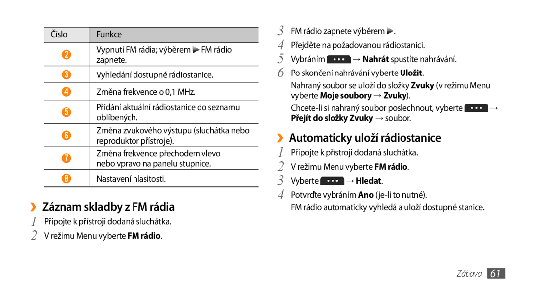 Samsung GT-S5250HKAIRD manual ››Záznam skladby z FM rádia, ››Automaticky uloží rádiostanice, Vyberte Moje soubory → Zvuky 