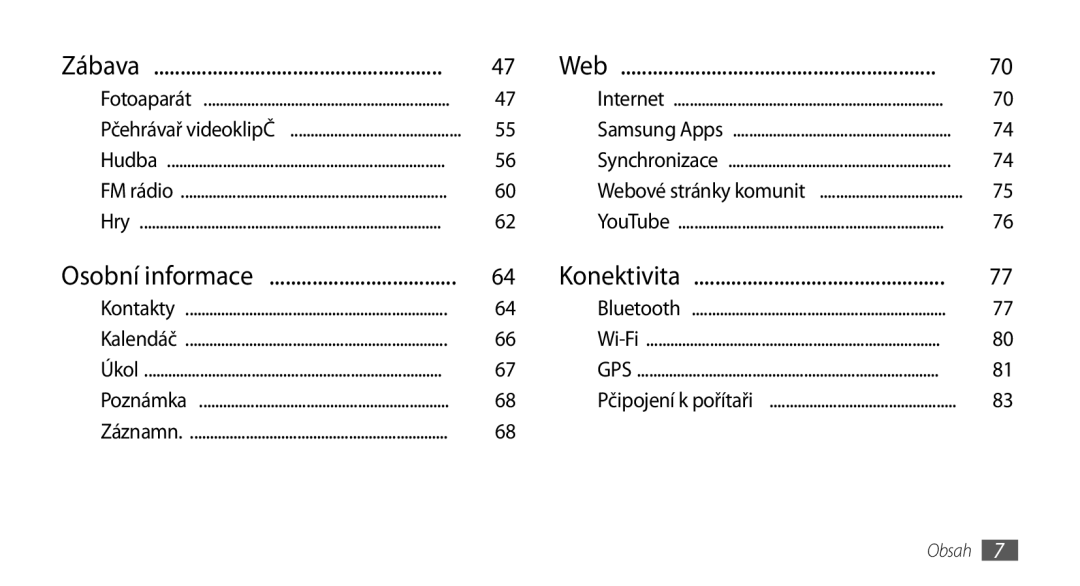 Samsung GT-S5250PWAIRD, GT-S5250HKAXEZ, GT-S5250PWAXEZ, GT-S5250PWFXEZ, GT-S5250PWFIRD, GT-S5250HKAIRD manual Konektivita 