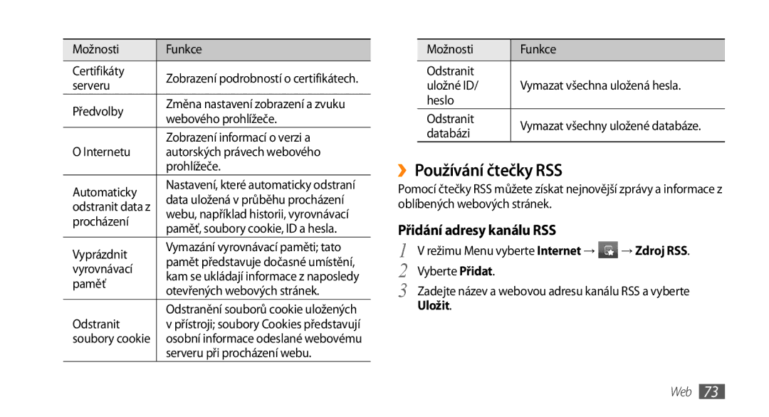 Samsung GT-S5250PWFXEZ, GT-S5250PWAIRD, GT-S5250HKAXEZ manual ››Používání čtečky RSS, Přidání adresy kanálu RSS, Uložit 