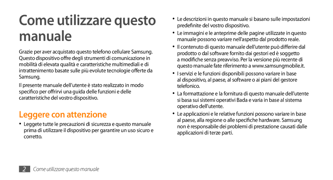 Samsung GT-S5250HKAVOM, GT-S5250TIACIT, GT-S5250HKATIM Come utilizzare questo manuale, Leggere con attenzione 