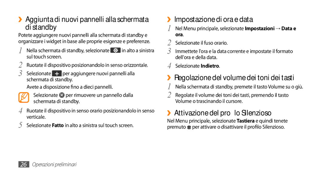 Samsung GT-S5250HKACIT manual ››Aggiunta di nuovi pannelli alla schermata di standby, ››Impostazione di ora e data 