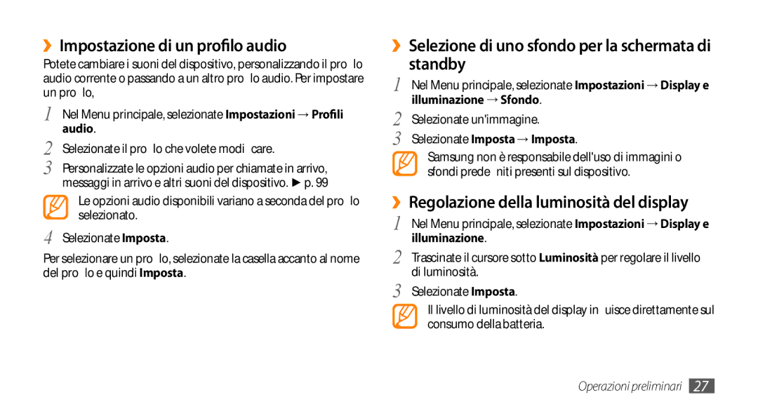 Samsung GT-S5250TIACIT manual ››Impostazione di un profilo audio, ››Selezione di uno sfondo per la schermata di standby 