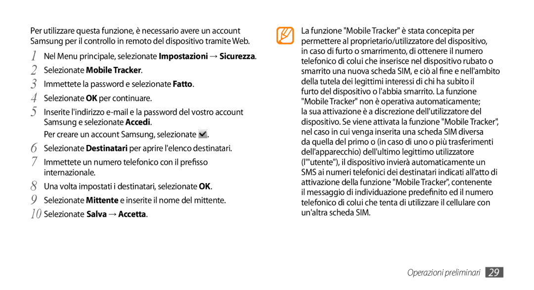 Samsung GT-S5250HKAVOM manual Nel Menu principale, selezionate Impostazioni → Sicurezza, Selezionate Mobile Tracker 