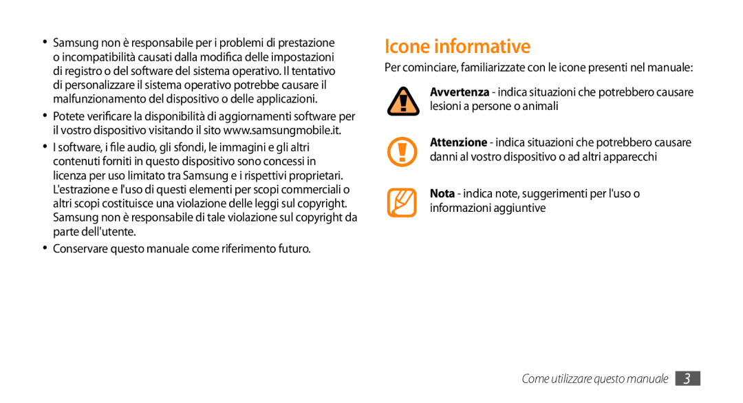 Samsung GT-S5250TIATIM, GT-S5250TIACIT, GT-S5250HKATIM Icone informative, Conservare questo manuale come riferimento futuro 