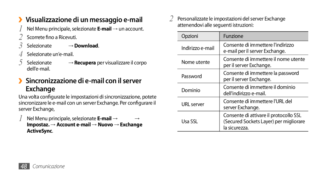 Samsung GT-S5250TIATIM ››Visualizzazione di un messaggio e-mail, ››Sincronizzazione di e-mail con il server, → Download 