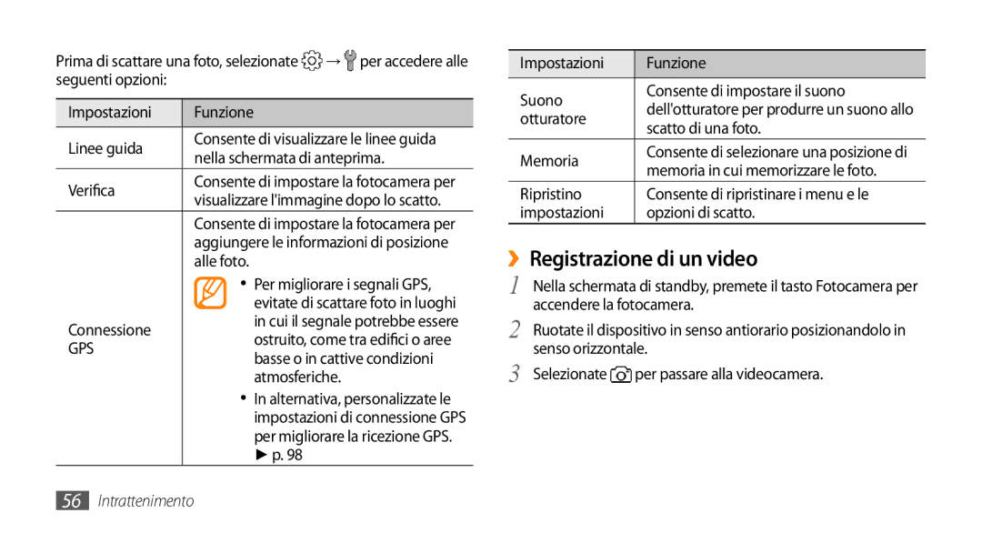 Samsung GT-S5250HKAVOM, GT-S5250TIACIT, GT-S5250HKATIM, GT-S5250TIATIM, GT-S5250PWACIT manual ››Registrazione di un video 