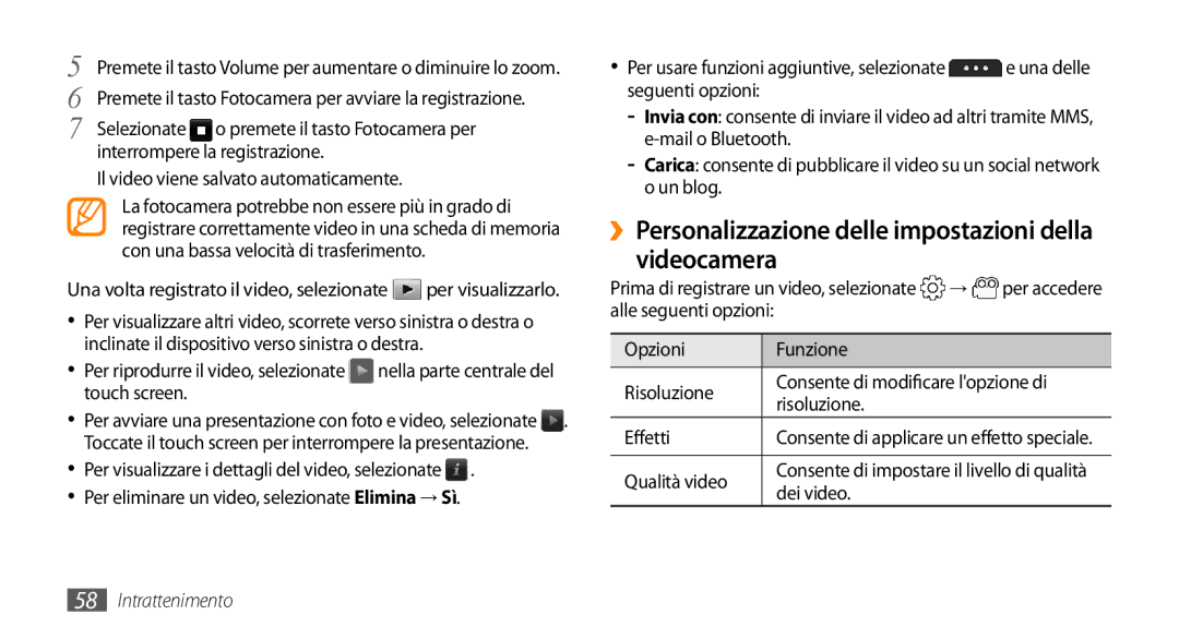 Samsung GT-S5250PWACIT, GT-S5250TIACIT ››Personalizzazione delle impostazioni della videocamera, Qualità video, Dei video 