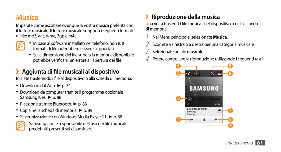 Samsung GT-S5250PWATIM, GT-S5250TIACIT Musica, ››Aggiunta di file musicali al dispositivo, ››Riproduzione della musica 