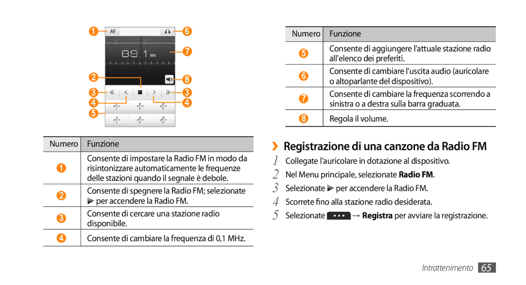 Samsung GT-S5250HKAVOM, GT-S5250TIACIT, GT-S5250HKATIM, GT-S5250TIATIM manual ››Registrazione di una canzone da Radio FM 