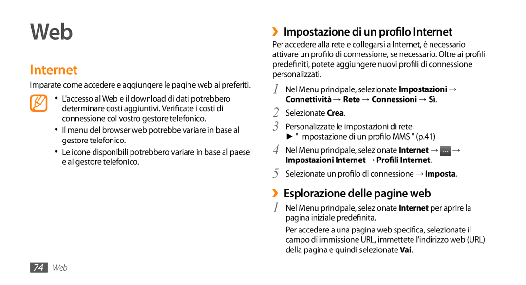 Samsung GT-S5250HKAVOM, GT-S5250TIACIT Web, ››Impostazione di un profilo Internet, ››Esplorazione delle pagine web 