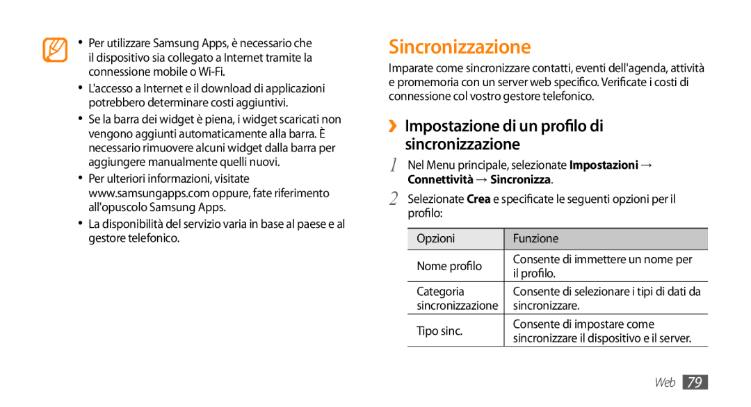 Samsung GT-S5250PWATIM Sincronizzazione, ››Impostazione di un profilo di sincronizzazione, Connettività → Sincronizza 