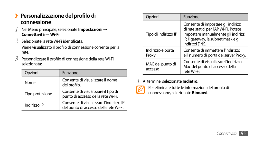 Samsung GT-S5250PWACIT, GT-S5250TIACIT, GT-S5250HKATIM, GT-S5250HKAVOM manual ››Personalizzazione del profilo di, Connessione 