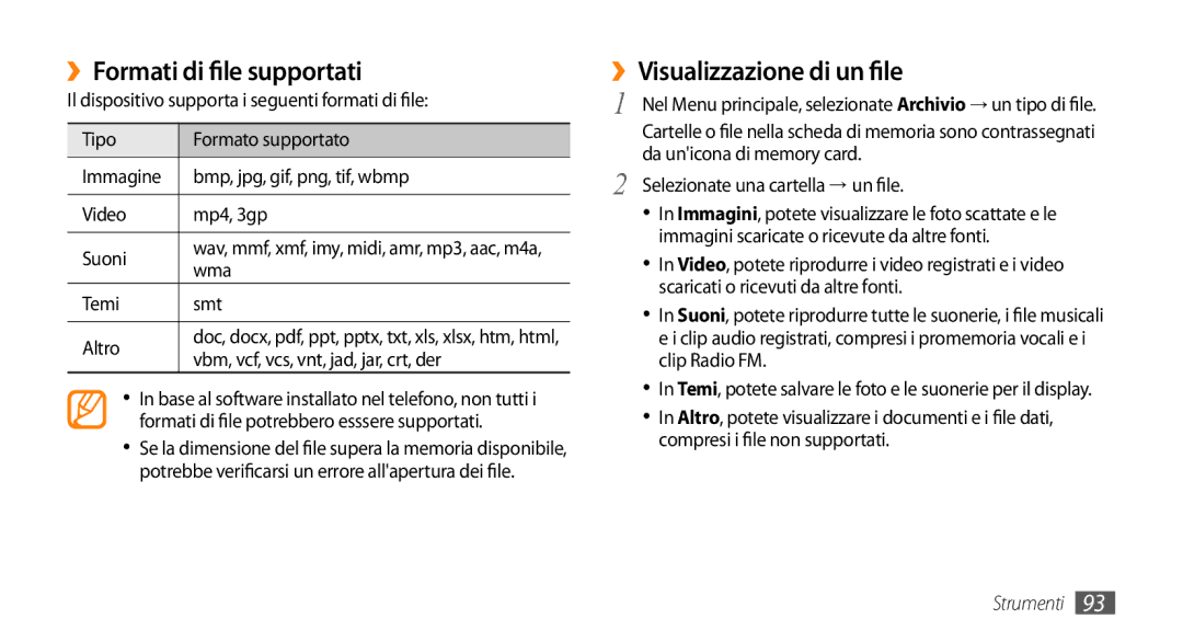 Samsung GT-S5250TIATIM, GT-S5250TIACIT, GT-S5250HKATIM manual ››Formati di file supportati, ››Visualizzazione di un file, Wma 