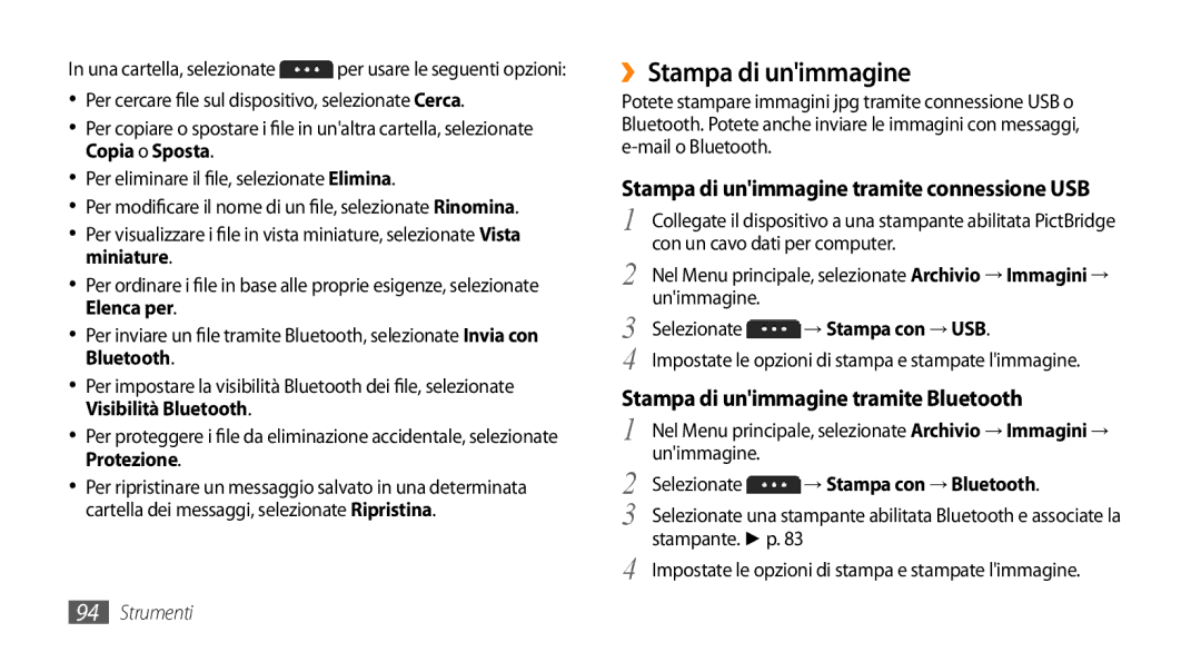 Samsung GT-S5250PWACIT manual ››Stampa di unimmagine, Stampa di unimmagine tramite connessione USB, → Stampa con → USB 