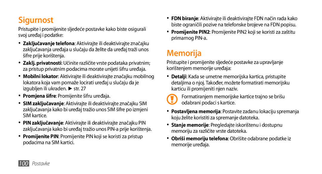 Samsung GT-S5250TIATRA, GT-S5250PWATRA, GT-S5250HKATWO, GT-S5250HKATRA, GT-S5250HKAVIP manual Sigurnost, Memorija 