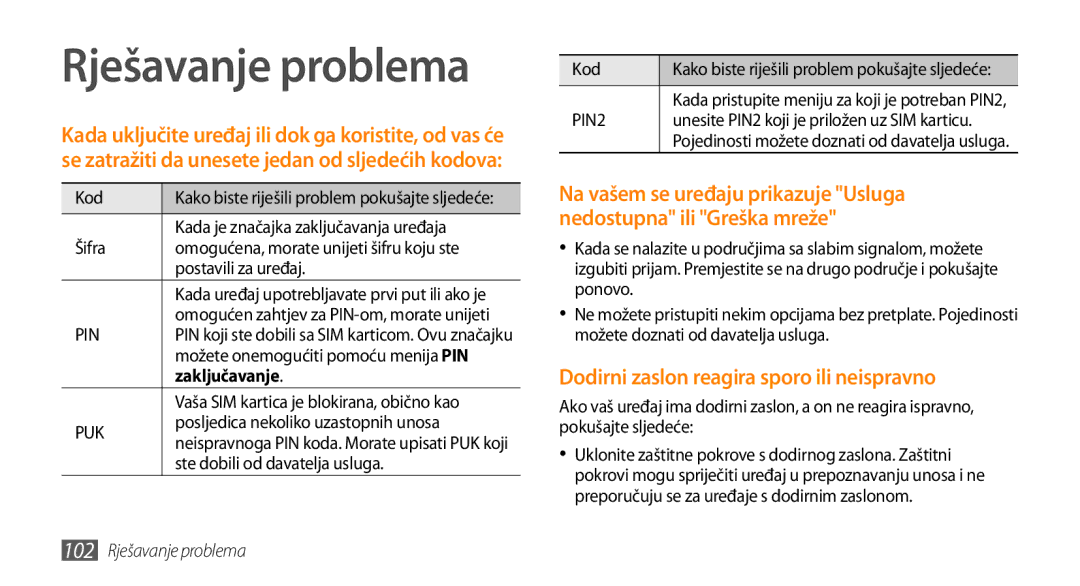 Samsung GT-S5250HKATWO, GT-S5250TIATRA Rješavanje problema, Dodirni zaslon reagira sporo ili neispravno, Zaključavanje 