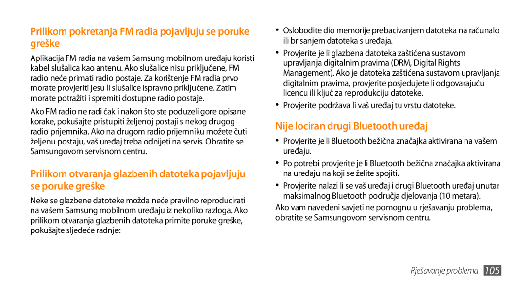 Samsung GT-S5250TIATRA manual Prilikom pokretanja FM radia pojavljuju se poruke greške, Nije lociran drugi Bluetooth uređaj 