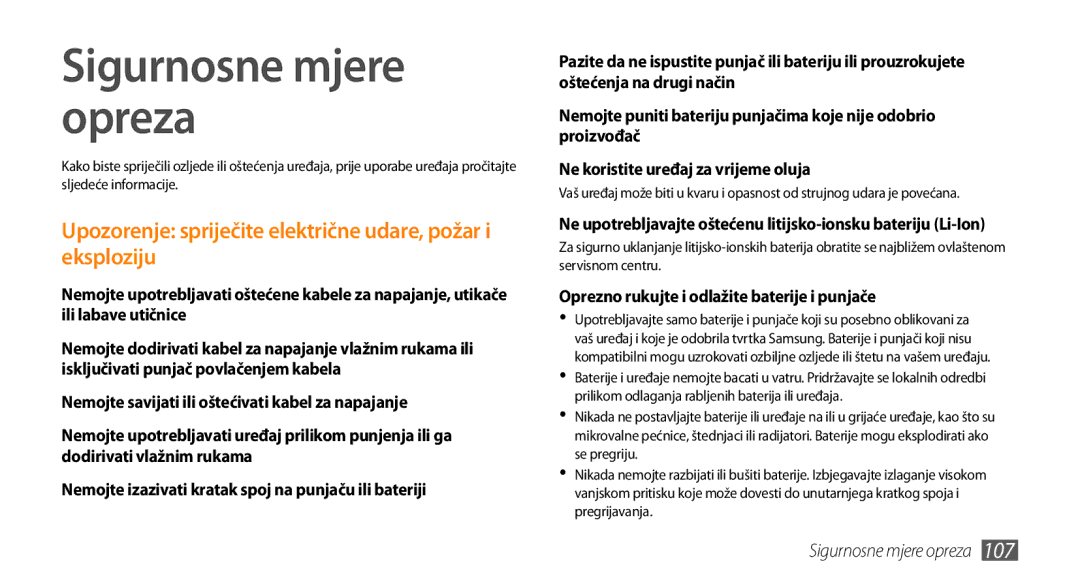 Samsung GT-S5250HKATWO, GT-S5250TIATRA Sigurnosne mjere opreza, Upozorenje spriječite električne udare, požar i eksploziju 