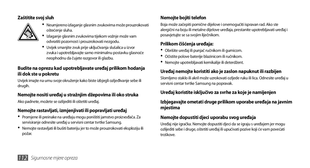 Samsung GT-S5250HKATWO, GT-S5250TIATRA manual Zaštitite svoj sluh, Nemojte rastavljati, izmjenjivati ili popravljati uređaj 