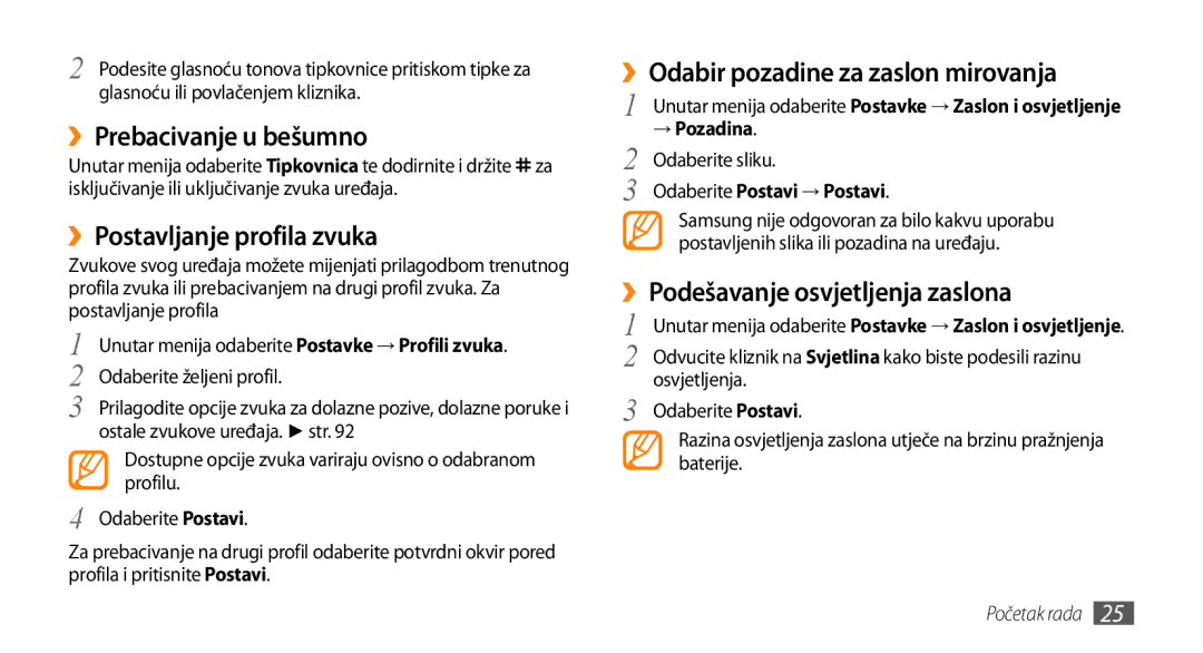 Samsung GT-S5250TIATRA manual ››Prebacivanje u bešumno, ››Postavljanje profila zvuka, ››Odabir pozadine za zaslon mirovanja 