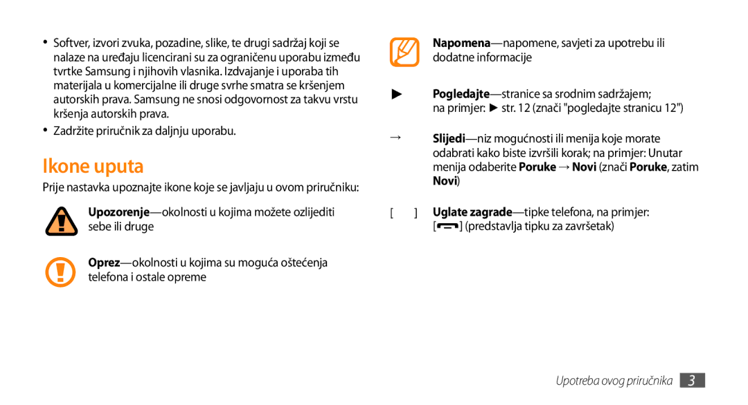 Samsung GT-S5250HKATRA, GT-S5250TIATRA, GT-S5250PWATRA manual Ikone uputa, Zadržite priručnik za daljnju uporabu, Novi 