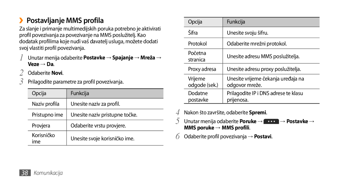 Samsung GT-S5250HKATRA, GT-S5250TIATRA, GT-S5250PWATRA, GT-S5250HKATWO, GT-S5250HKAVIP manual ››Postavljanje MMS profila 