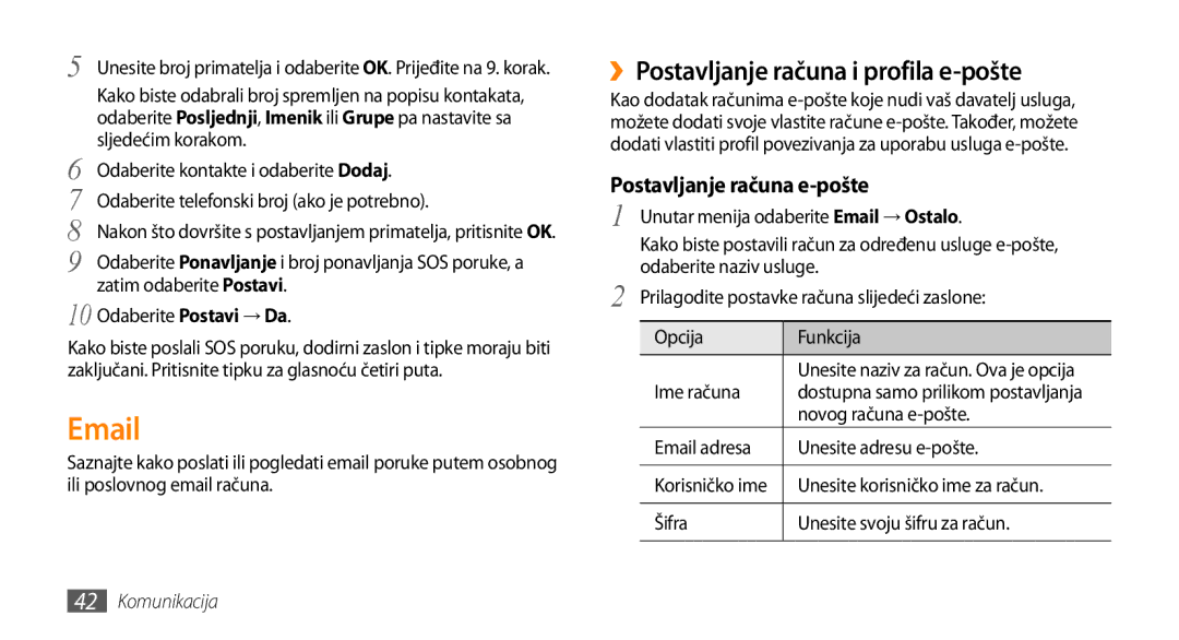 Samsung GT-S5250HKATWO, GT-S5250TIATRA, GT-S5250PWATRA ››Postavljanje računa i profila e-pošte, Postavljanje računa e-pošte 