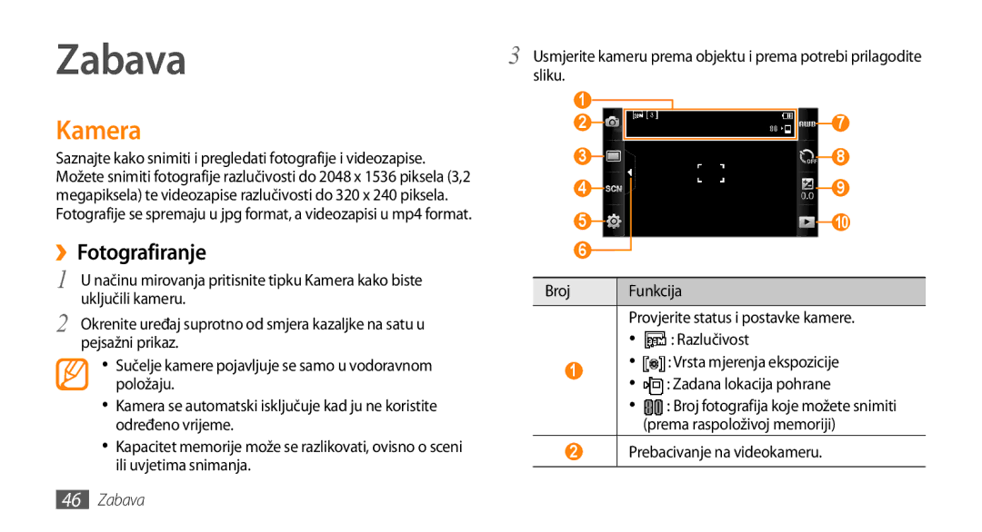 Samsung GT-S5250PWATRA, GT-S5250TIATRA, GT-S5250HKATWO, GT-S5250HKATRA, GT-S5250HKAVIP manual Zabava, Kamera 