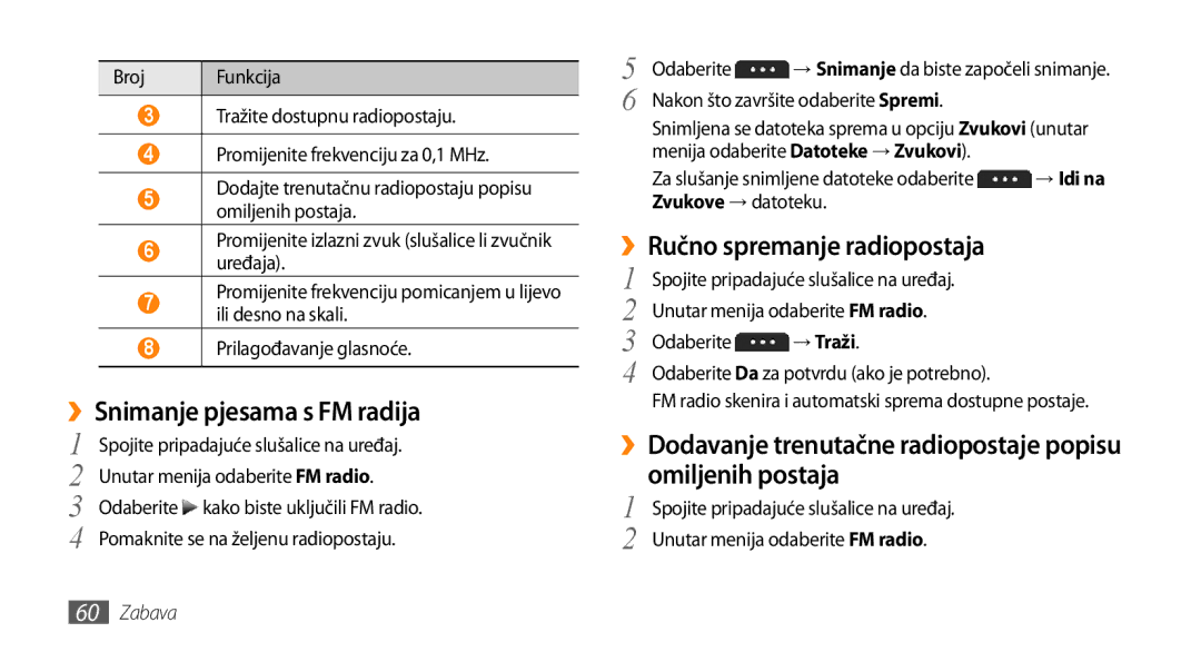 Samsung GT-S5250TIATRA, GT-S5250PWATRA manual ››Snimanje pjesama s FM radija, ››Ručno spremanje radiopostaja, → Traži 