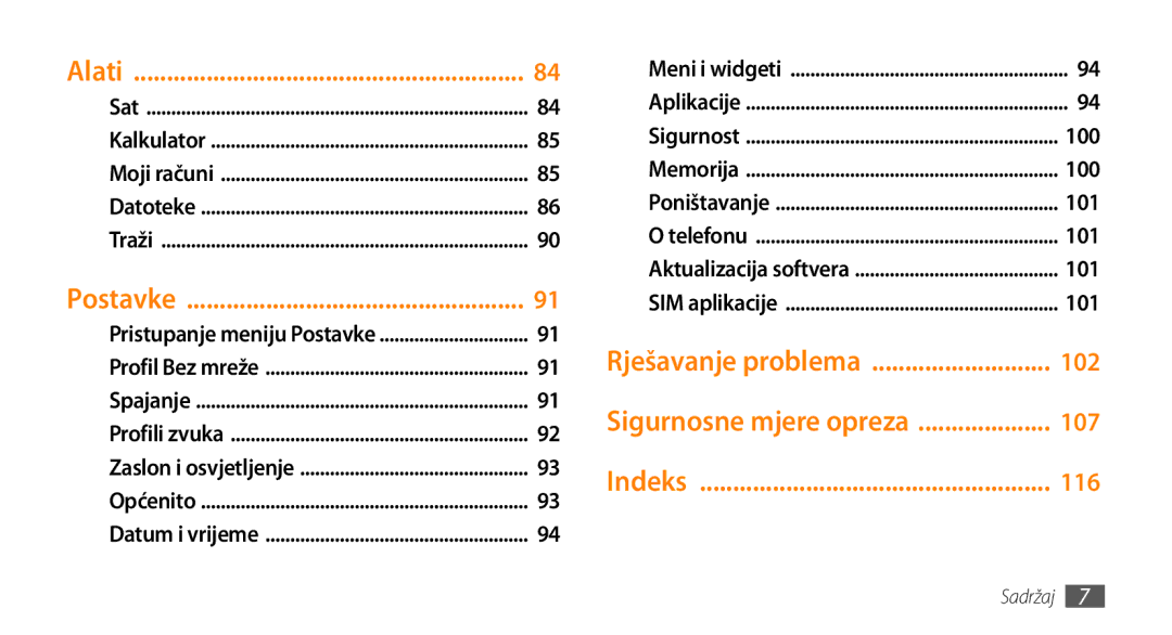 Samsung GT-S5250HKATWO, GT-S5250TIATRA, GT-S5250PWATRA, GT-S5250HKATRA manual Postavke, Rješavanje problema 102, 107, 116 