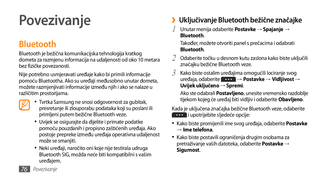 Samsung GT-S5250PWATRA manual Povezivanje, ››Uključivanje Bluetooth bežične značajke, Uvijek uključeno → Spremi 