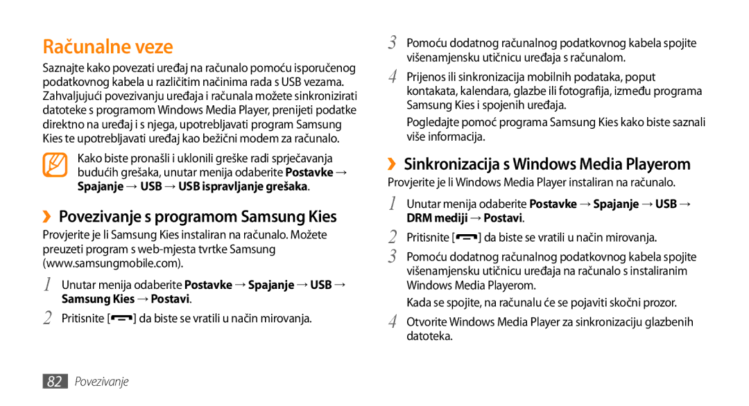 Samsung GT-S5250HKATWO Računalne veze, ››Povezivanje s programom Samsung Kies, ››Sinkronizacija s Windows Media Playerom 