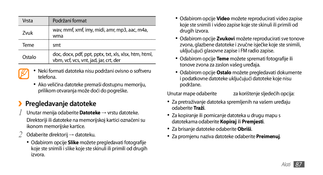 Samsung GT-S5250HKATWO, GT-S5250TIATRA, GT-S5250PWATRA manual ››Pregledavanje datoteke, Vrsta Podržani format Zvuk, Wma 