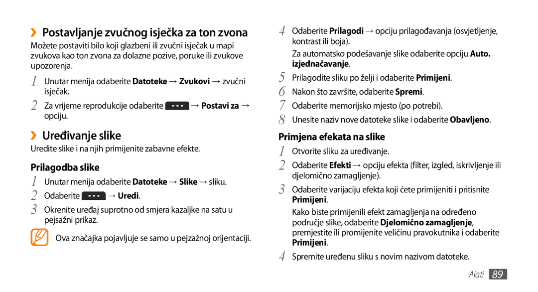 Samsung GT-S5250HKAVIP, GT-S5250TIATRA, GT-S5250PWATRA manual ››Uređivanje slike, Prilagodba slike, Primjena efekata na slike 