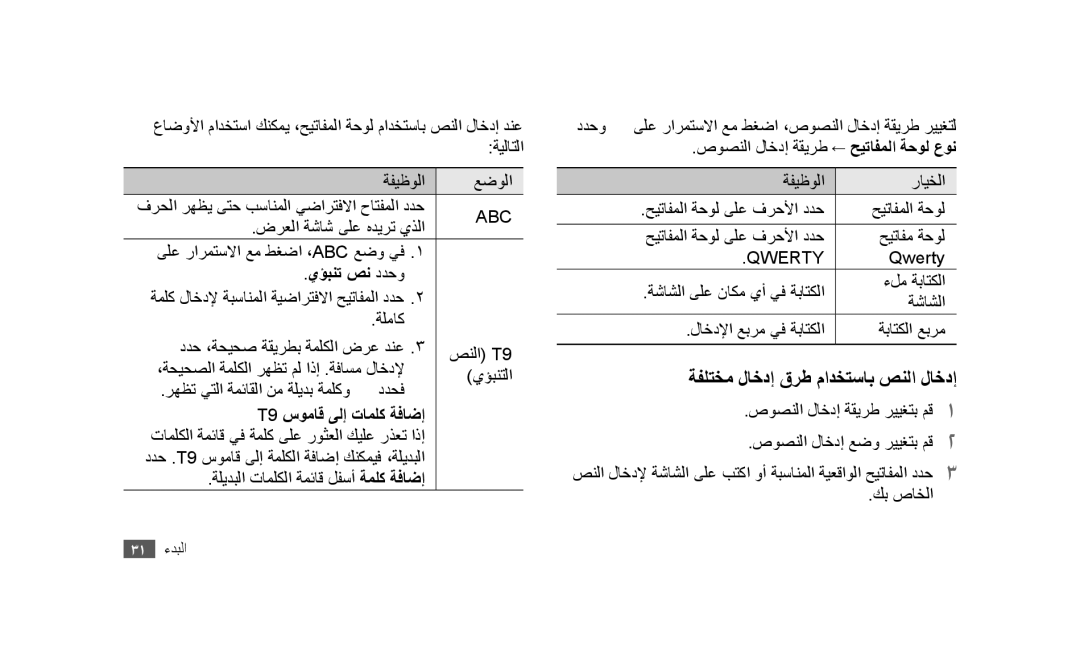 Samsung GT-S5253HKAECT, GT-S5253HKAEGY manual ةفلتخم لاخدإ قرط مادختساب صنلا لاخدإ, يؤبنت صن ددحو, T9 سوماق ىلإ تاملك ةفاضإ 