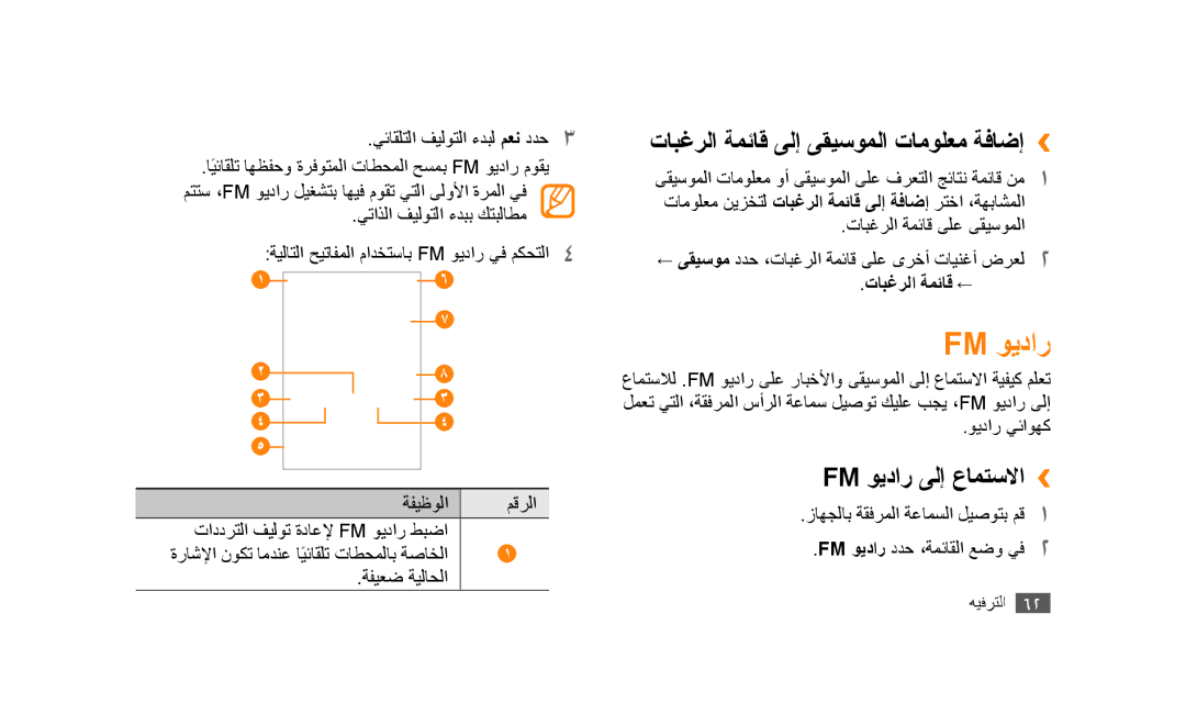 Samsung GT-S5253PWAABS manual تابغرلا ةمئاق ىلإ ىقيسوملا تامولعم ةفاضإ››, Fm ويدار ىلإ عامتسلاا››, تابغرلا ةمئاق ← 