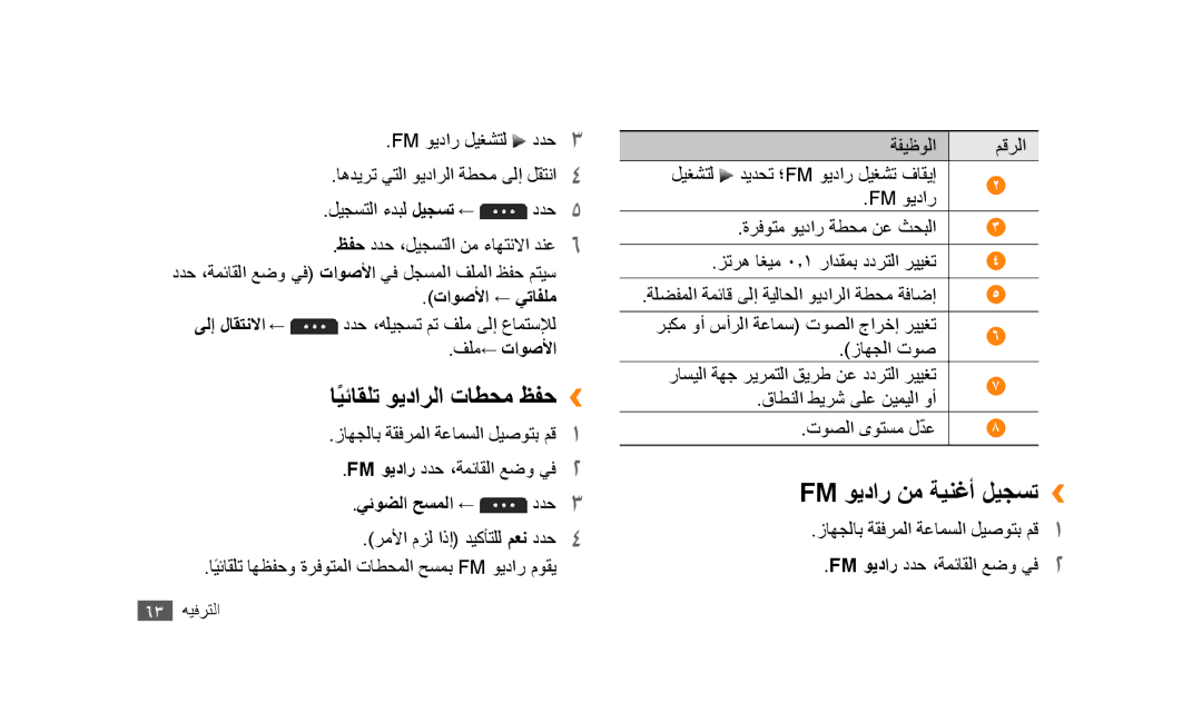 Samsung GT-S5253HKAECT manual ايئاقلتً ويدارلا تاطحم ظفح››, Fm ويدار نم ةينغأ ليجست››, تاوصلأا ← يتافلم, فلم← تاوصلأا 