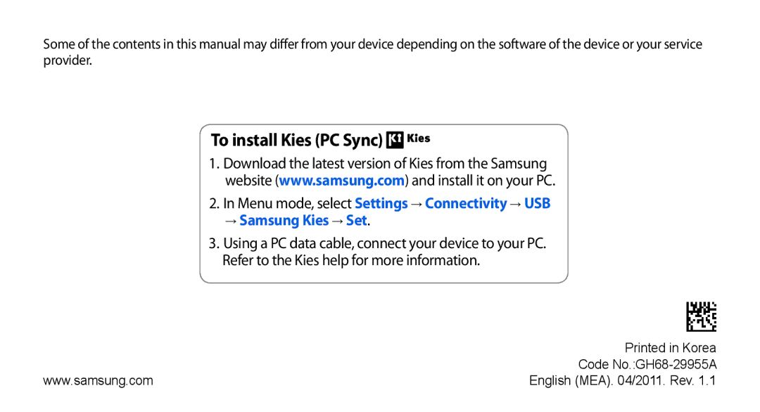 Samsung GT-S5253HKAEGY, GT-S5253HKAECT, GT-S5253HKAJED, GT-S5253HKATMC, GT-S5253PWAJED manual To install Kies PC Sync 