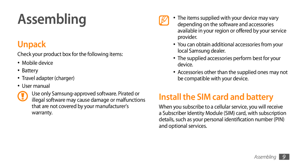 Samsung GT-S5253TIAAFR, GT-S5253HKAECT, GT-S5253HKAEGY, GT-S5253HKAJED Assembling, Unpack, Install the SIM card and battery 