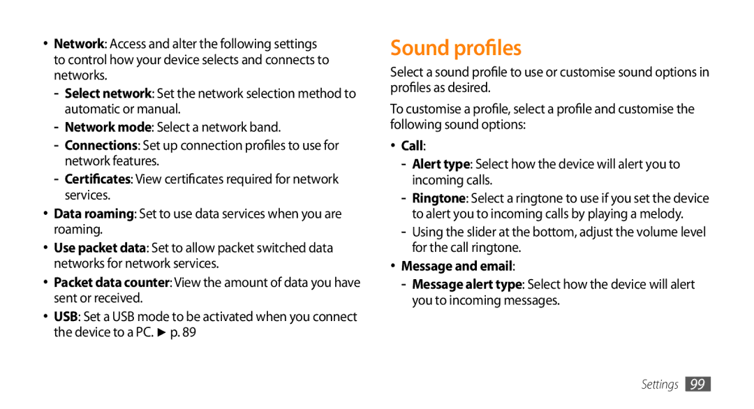 Samsung GT-S5253PWAJED, GT-S5253HKAECT, GT-S5253HKAEGY, GT-S5253HKAJED manual Sound profiles, Call, Message and email 