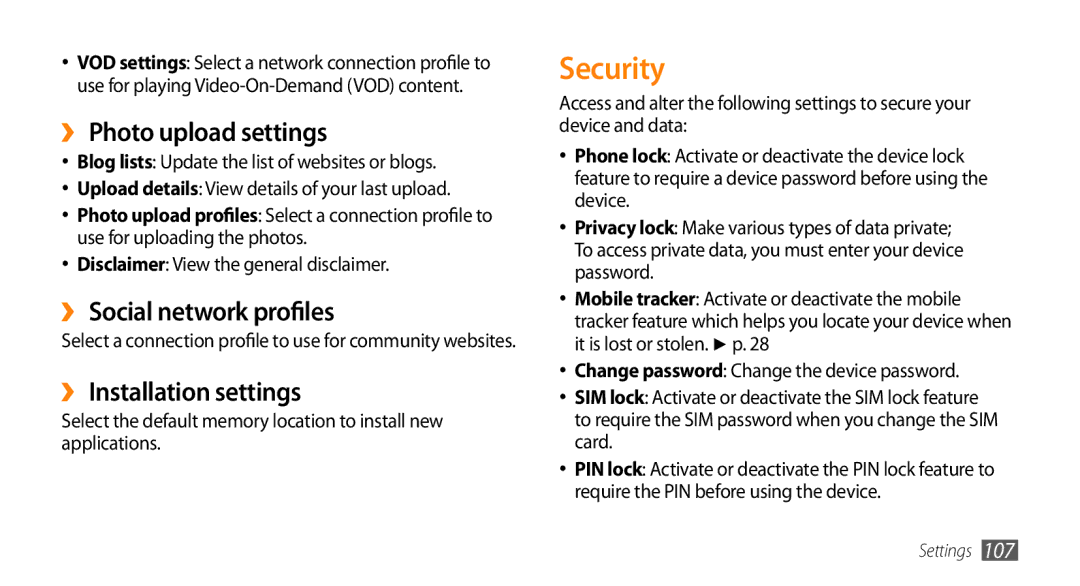 Samsung GT-S5253TIAPAK manual Security, ›› Photo upload settings, ›› Social network profiles, ›› Installation settings 