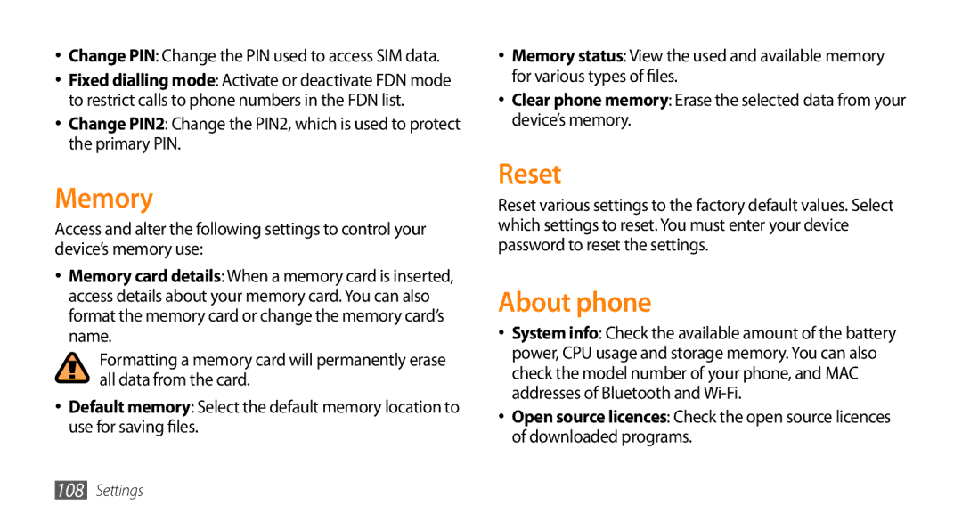 Samsung GT-S5253HKAKSA, GT-S5253HKAECT, GT-S5253HKAEGY, GT-S5253HKAJED, GT-S5253HKATMC manual Memory, Reset, About phone 