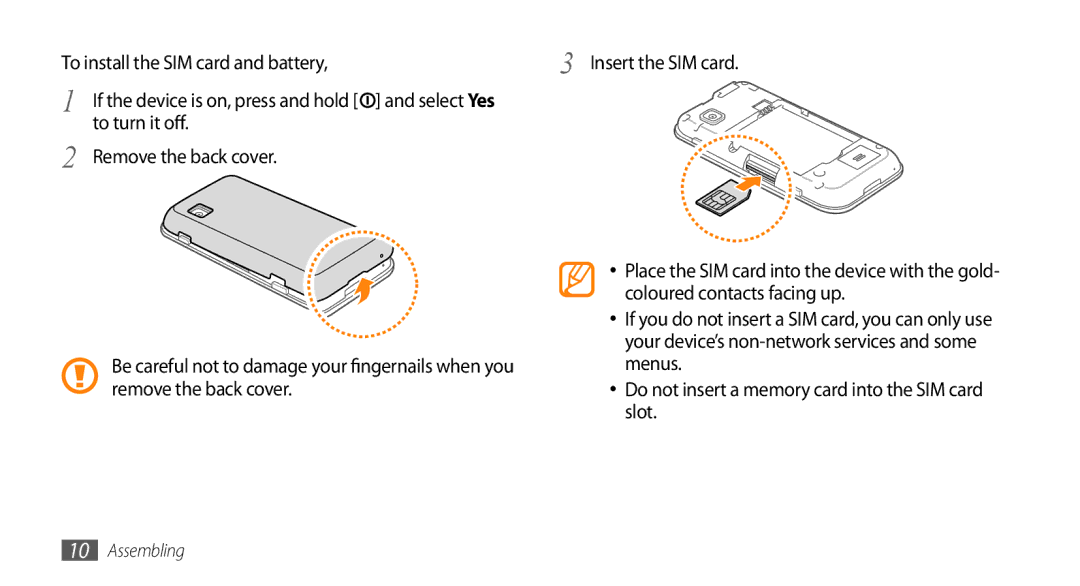 Samsung GT-S5253TIAJED Insert the SIM card, Select Yes To turn it off Remove the back cover, Coloured contacts facing up 