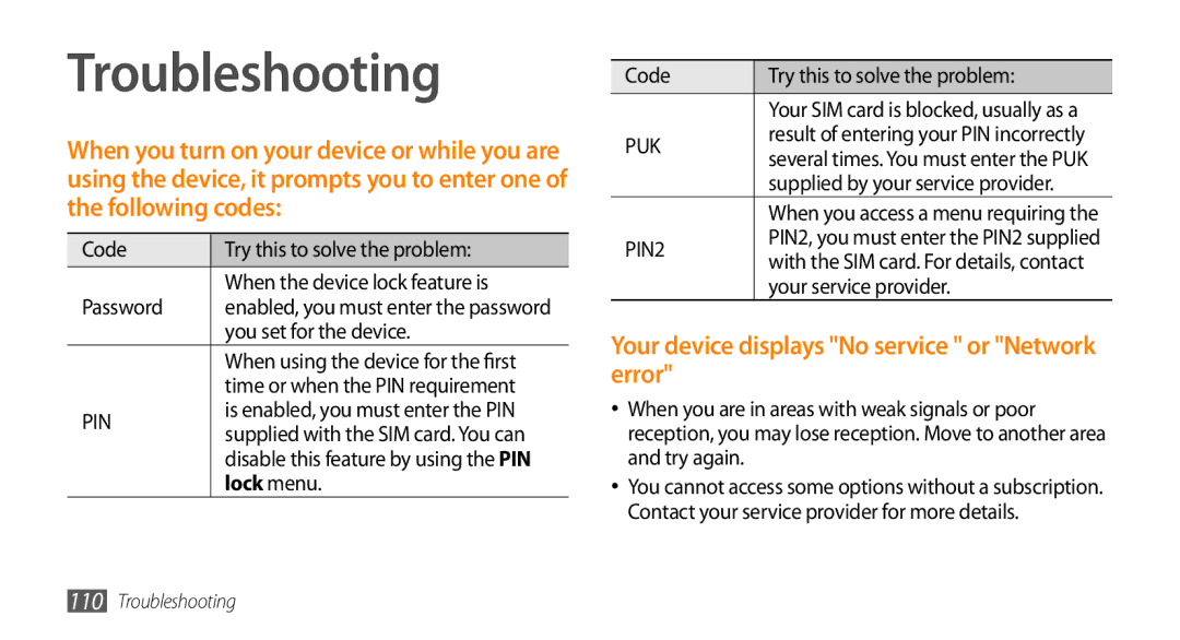 Samsung GT-S5253PWAAFR, GT-S5253HKAECT manual Troubleshooting, Your device displays No service or Network error, Lock menu 