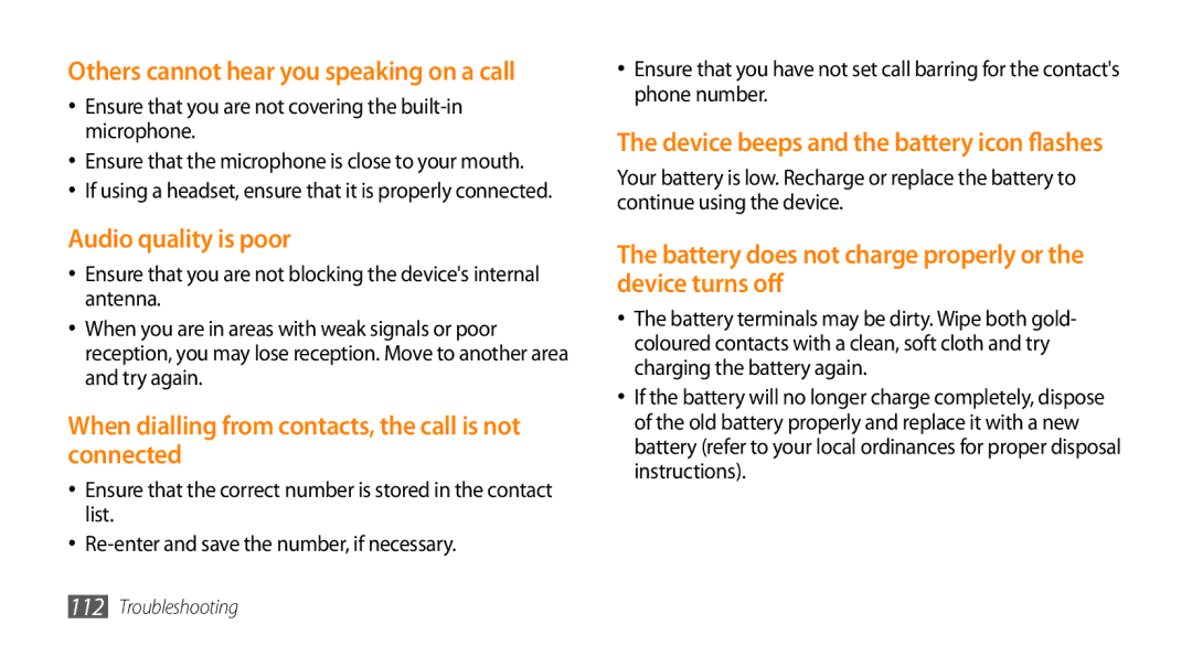 Samsung GT-S5253TIAKSA, GT-S5253HKAECT, GT-S5253HKAEGY Others cannot hear you speaking on a call, Audio quality is poor 